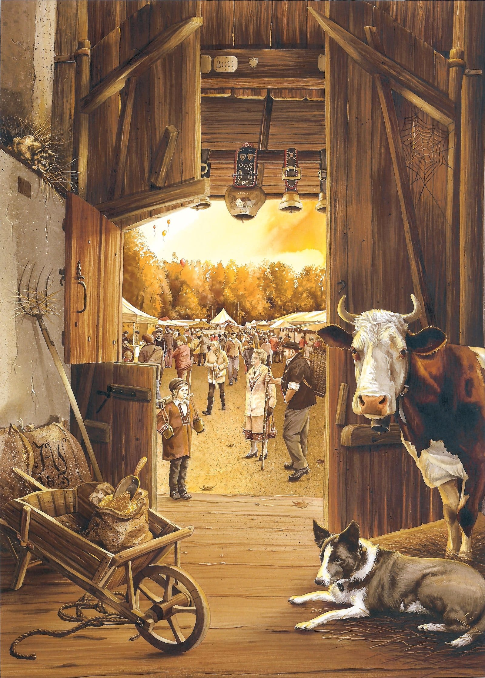 Depuis l'intérieur de la grange, portes ouvertes sur la foire. Les cloches pendent à la poutre, le chien monte la garde.